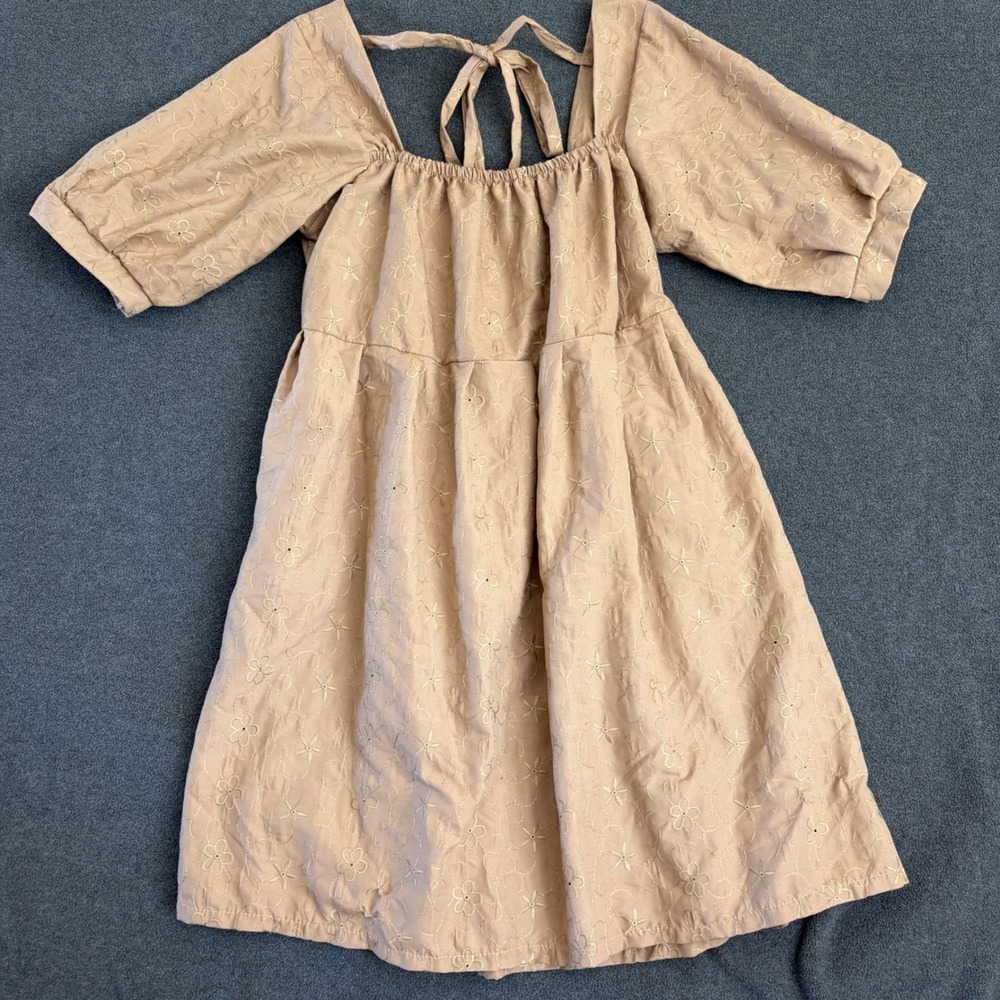 Hers hop Mini Dress Womens Tan Floral Eyelet Tie Back Boho Rums Small